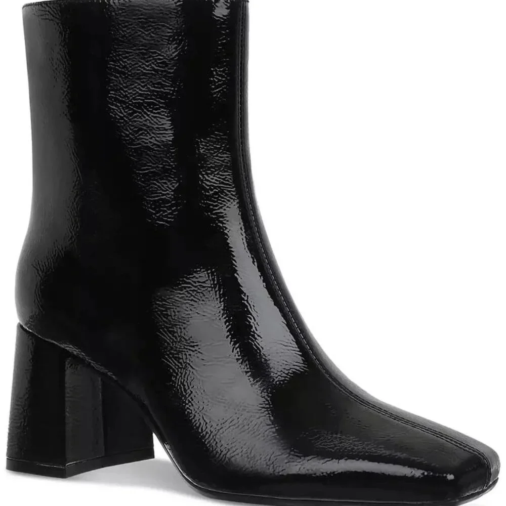 On 34th Margoe Square-Toe Booties Black Crinkle Patent Size 8.5M - F52 - Picture 2 of 6